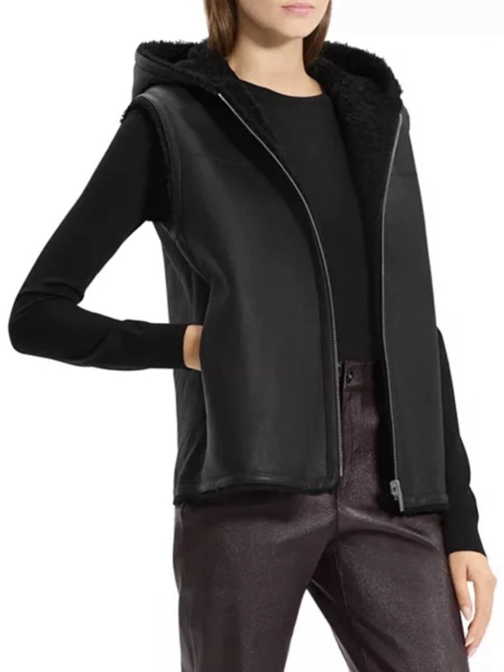 Theory Reversible Lamb Shearling Hooded Vest
